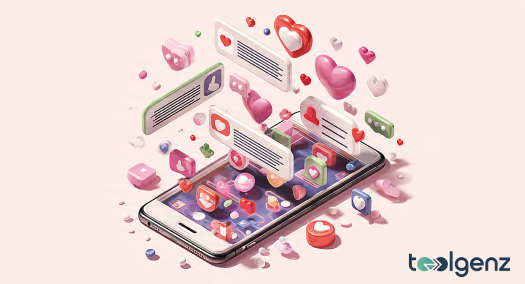 A 3D isometric view of a smartphone on a pink surface, with numerous glowing hearts, speech bubbles, and like icons floating above the screen.