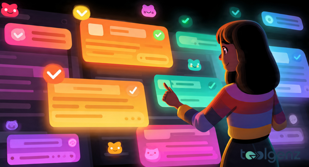 A cute blue robot with glowing yellow eyes types happily on a glowing laptop as colorful letters and speech bubbles float into the air.