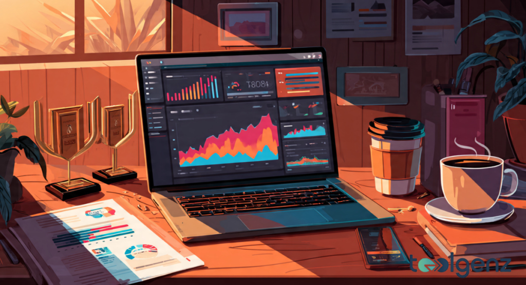 An atmospheric illustration of a wooden desk at sunset featuring a laptop displaying a colorful data analytics dashboard, two cups of coffee, and award trophies.
