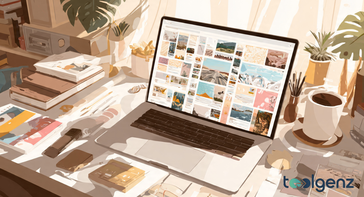 A warm, illustrated workspace featuring a laptop open to a grid-style blog layout surrounded by books, a coffee cup, and leafy plants in soft sunlight.