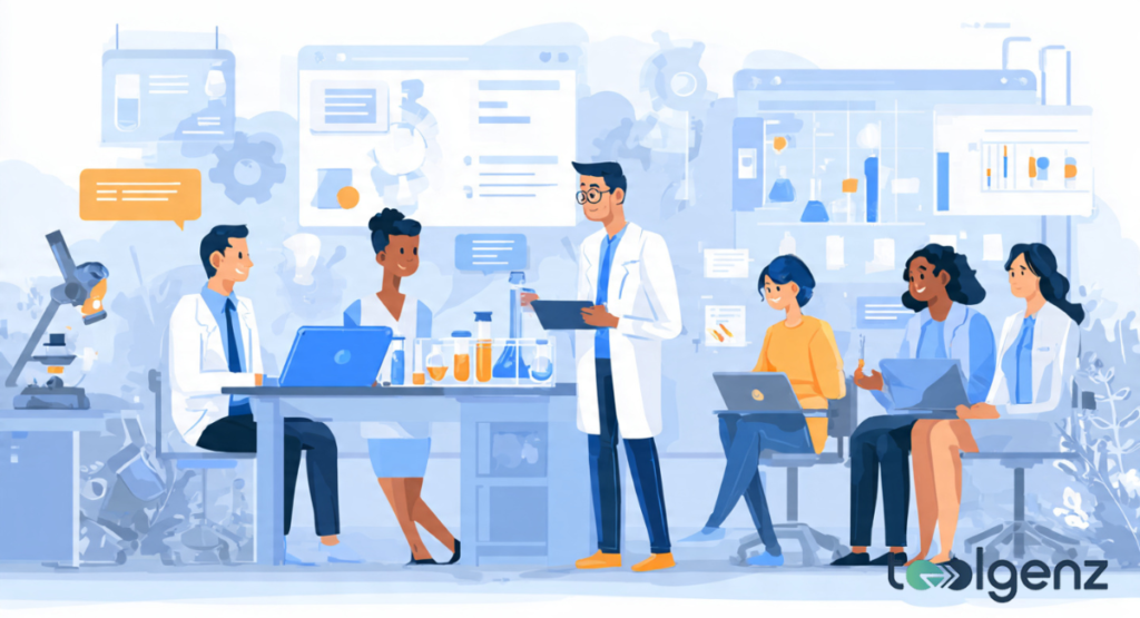 A stylized light blue vector illustration of a diverse group of scientists and researchers in lab coats collaborating with laptops and lab equipment in a modern, tech-focused workspace.