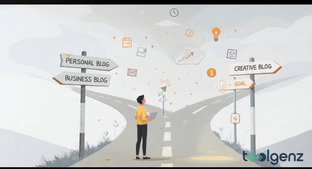 A person standing at a fork in a road with signposts pointing toward different paths like Personal Blog and Business Blog, illustrating various Blog Examples and strategic directions.