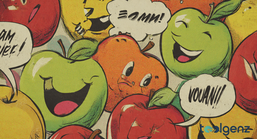 A comic book style illustration featuring a crowded group of expressive red, green, and yellow apples with laughing faces and speech bubbles containing stylized, illegible text.
