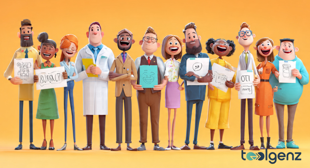 A wide-angle shot of a diverse group of eleven cartoon professionals in various work attire, such as a lab coat and business suits, standing in a line against a solid yellow background.
