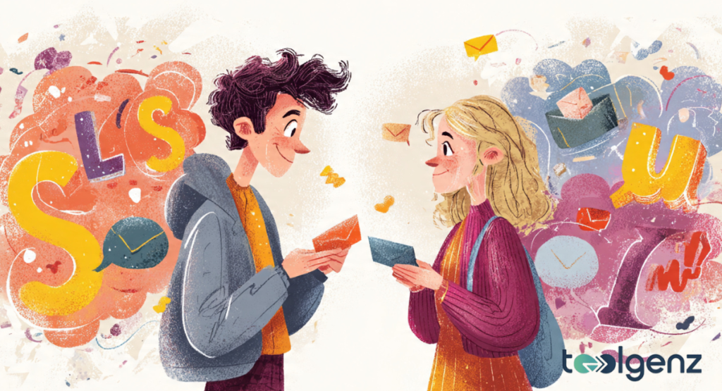 A heartwarming illustration of two cheerful girls sitting together and laughing, surrounded by colorful speech bubbles filled with playful text and hearts.