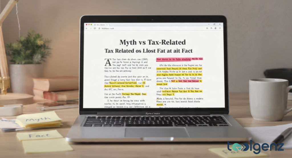 A laptop screen displaying a Myth vs Fact article about tax-related timelines and expectations for Wheres My Refund.