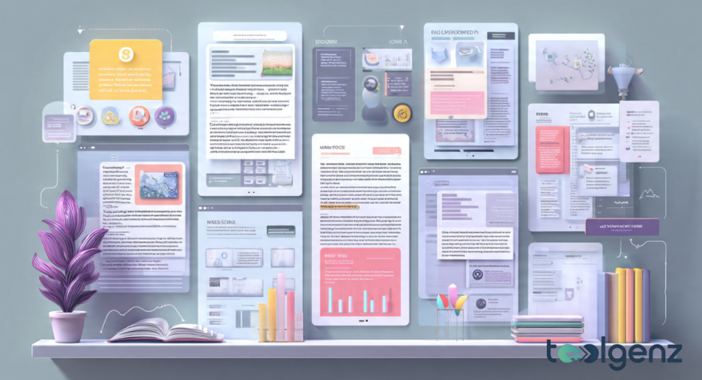 A clean, digital 3D-style display featuring various floating blog interface templates in pastel colors arranged above a shelf with a potted plant, books, and charts.