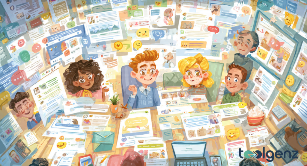 A busy, colorful illustration showing a diverse team of creators at a desk surrounded by a whirlwind of digital content, demonstrating a Word Generator in action.