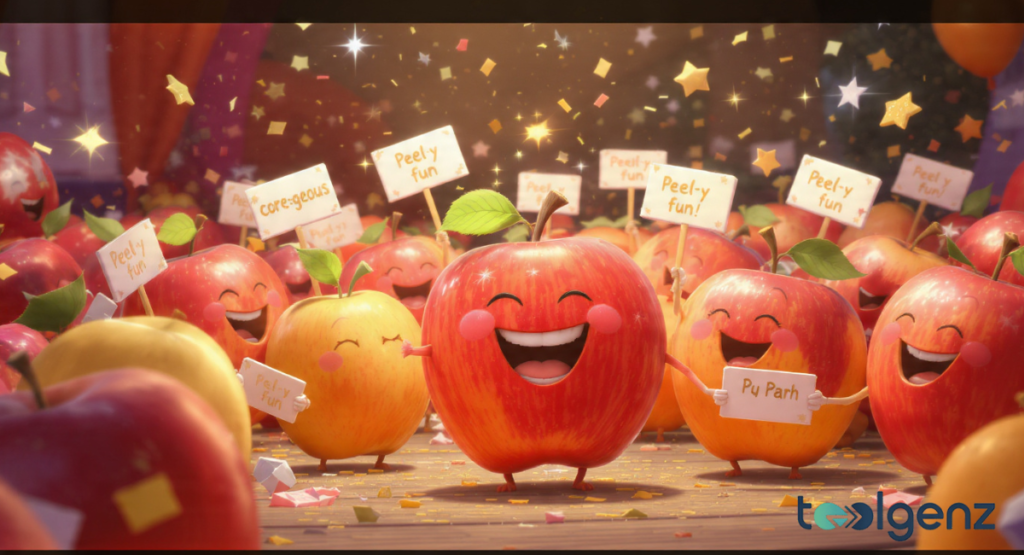 A group of joyful 3D red fruit characters celebrating under golden confetti and stars, holding signs with an apple pun like "core-geous" and "Peel-y fun."