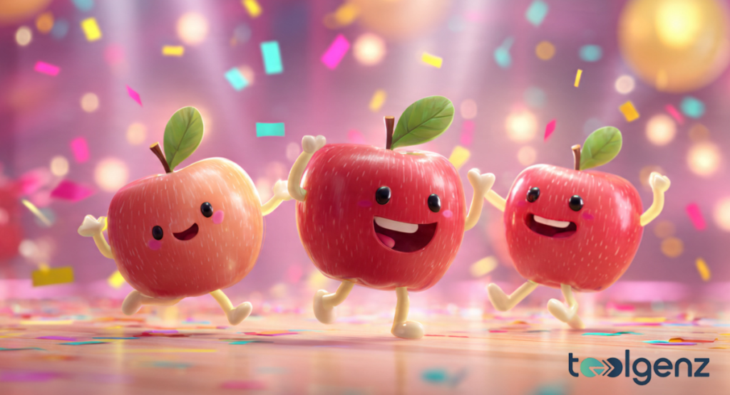 A festive 3D digital illustration of three cheerful red apple characters dancing under a shower of confetti, perfect for an apple jokes or a celebratory message.