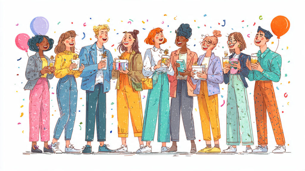 A diverse lineup of smiling coworkers celebrating under falling confetti and colorful balloons as part of a cheerful employee appreciation event.