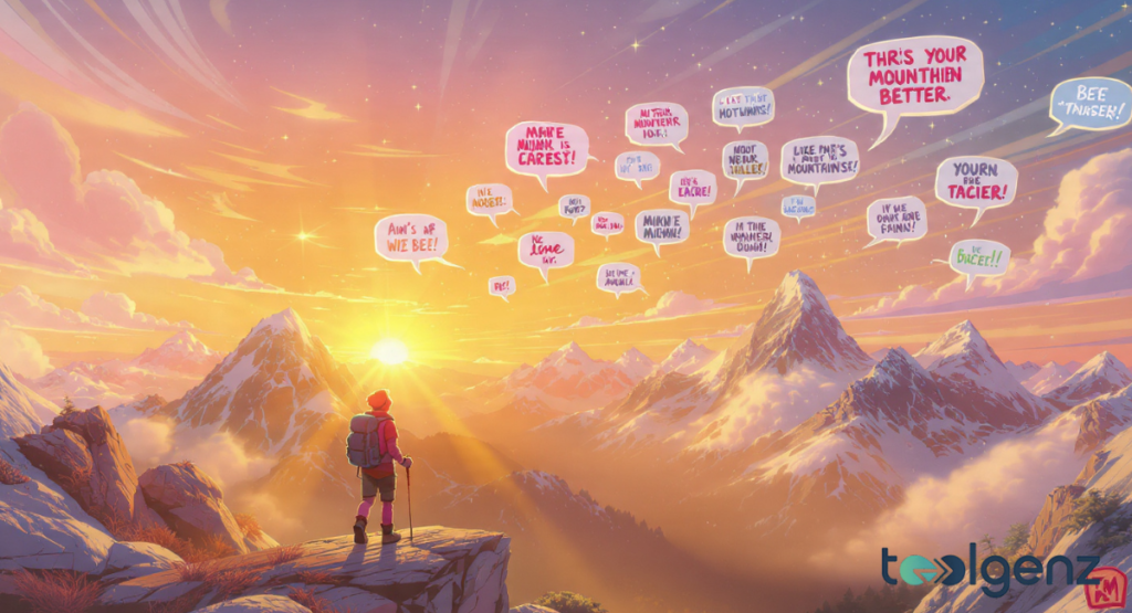 Two cheerful, pinkish-purple mountains with expressive faces talk to each other in a lush valley under a bright blue sky, answering the question: what did one mountain say to the other.