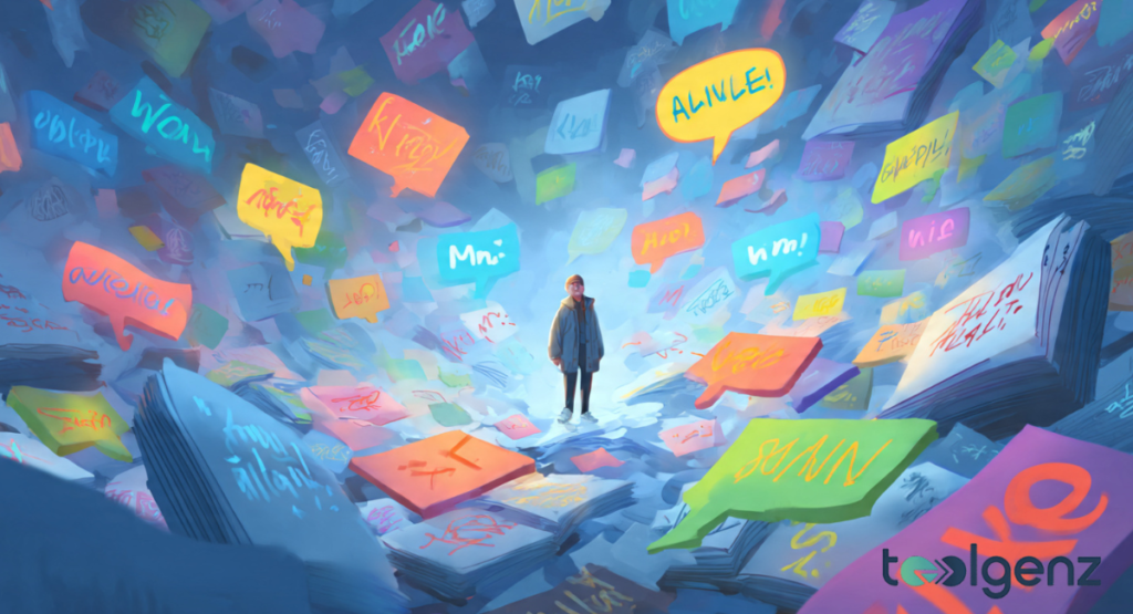 A person stands in the center of a glowing vortex of colorful speech bubbles and open books, symbolizing the final creative output of a Pun Generator.