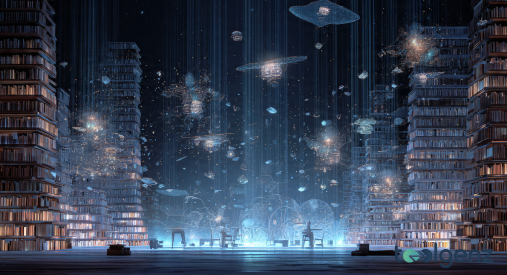 Massive towers of books in a dark void with floating data particles, signifying the longevity of the AI smut generator.