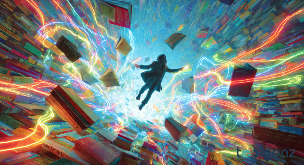 A high-tech, perspective view of glowing digital text panels and data streams in shades of neon blue, pink, and orange, suggesting a complex AI processing network.