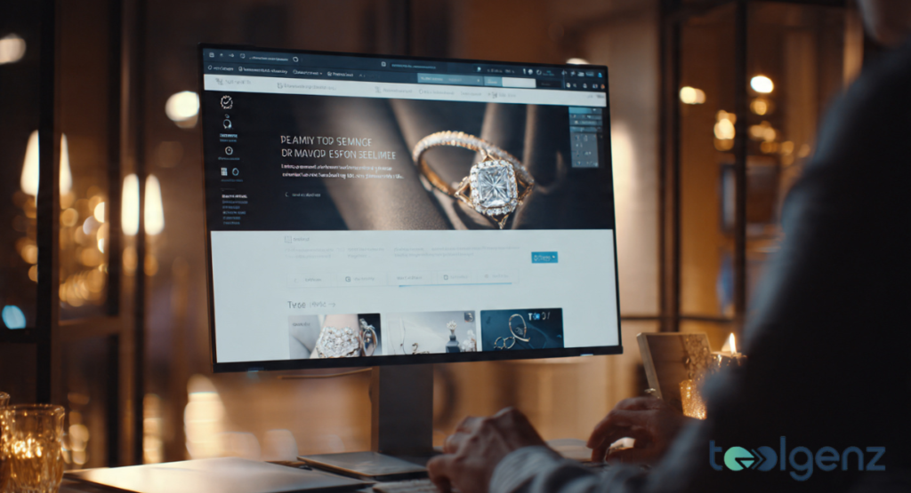 A brilliant-cut diamond glowing with internal light, suspended over a dark, technical HUD interface with circular data rings.