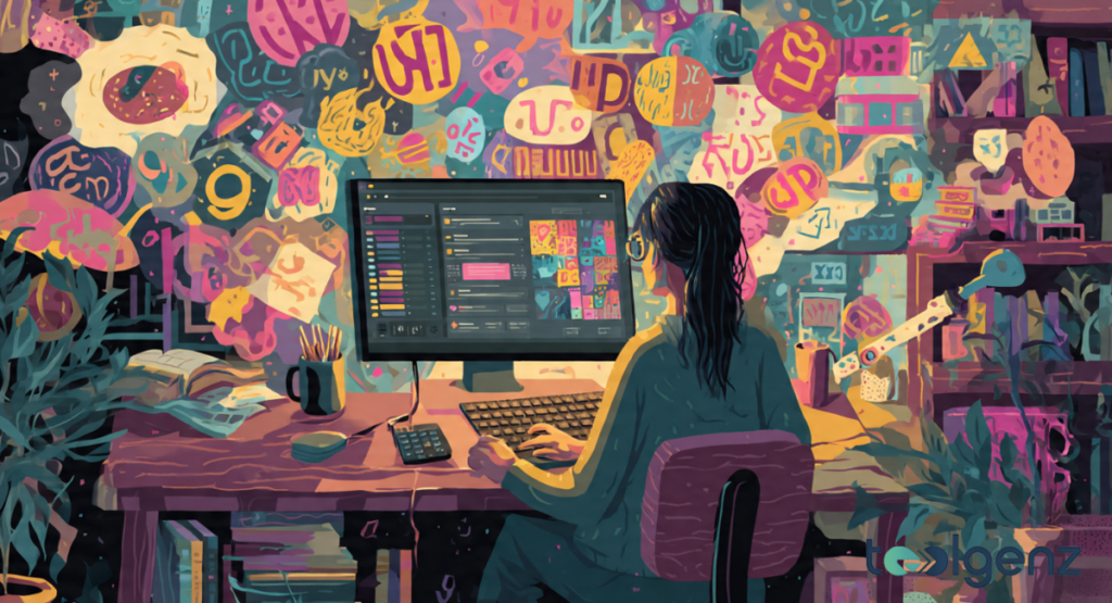 An artist sits at a desk with their back to the viewer, working on a computer screen displaying colorful editing software, while vibrant, stylized bubbles of text and abstract shapes swirl across the wall behind them.