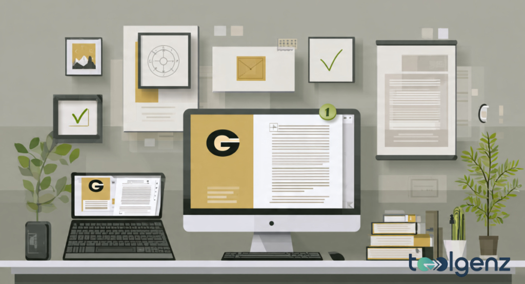 A professional workspace featuring a desktop monitor and laptop displaying a document with the Georgia Tech logo prominently integrated into the design.