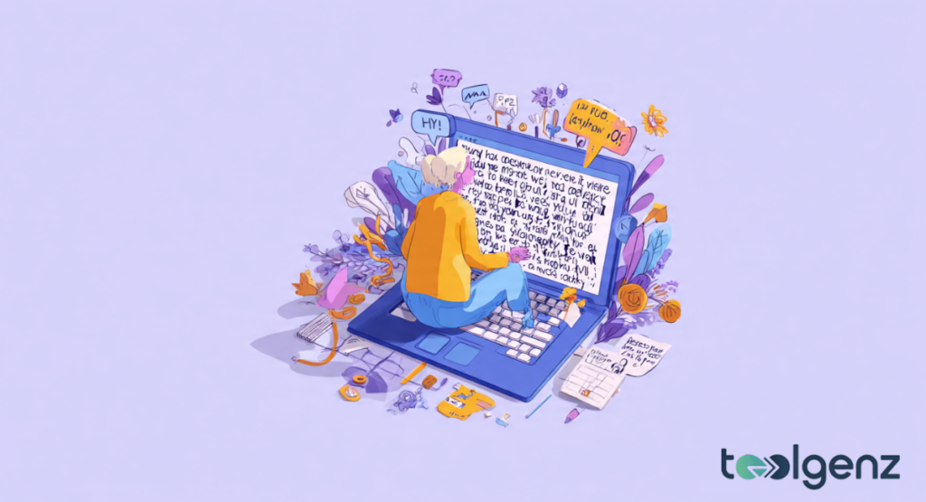A creative digital illustration showing a user sitting on a giant laptop to use a Word Generator for crafting their first clever joke.