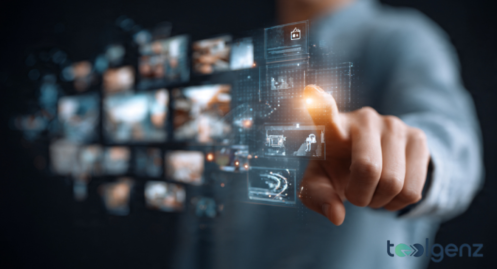 A glowing blue holographic wireframe scale in a dark digital environment, showing a balanced comparison for Vidqu AI.