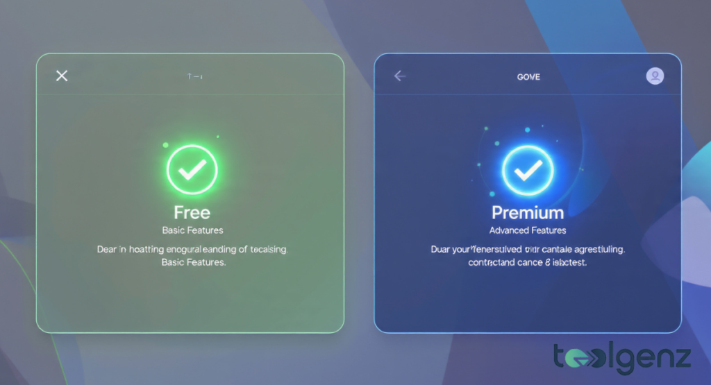 A digital interface comparison between two plans, featuring a green "Free" card with a checkmark for basic features and a blue "Premium" card for advanced features.
