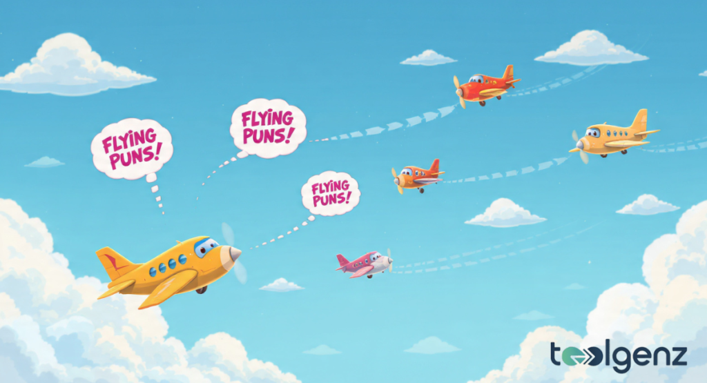 A magical, pastel sky filled with smiling clouds, stars, and a small pink airplane surrounding bold, colorful 3D block lettering.