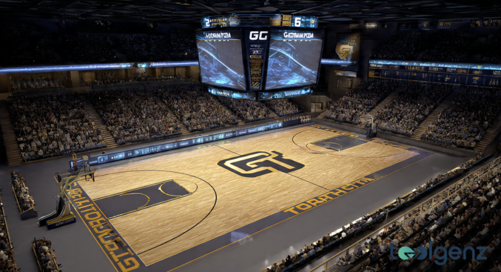 A high-angle interior view of a crowded basketball arena featuring a polished wood court with navy and gold branding, a massive four-sided hanging scoreboard, and spectators filling the stands.