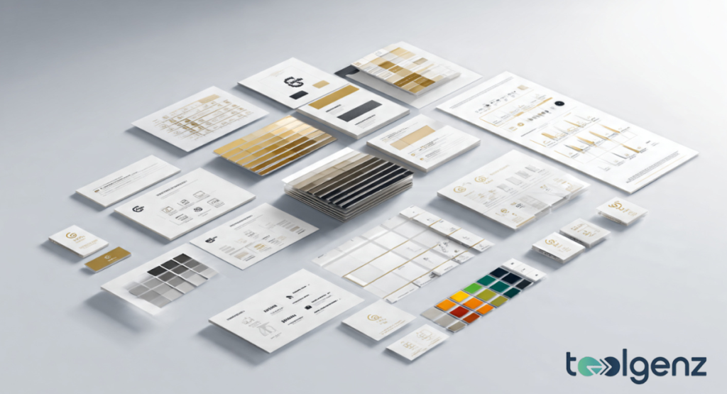 An isometric collection of various brand identity materials including color swatches in gold and gray, typography guides, and business card layouts spread across a clean white surface.