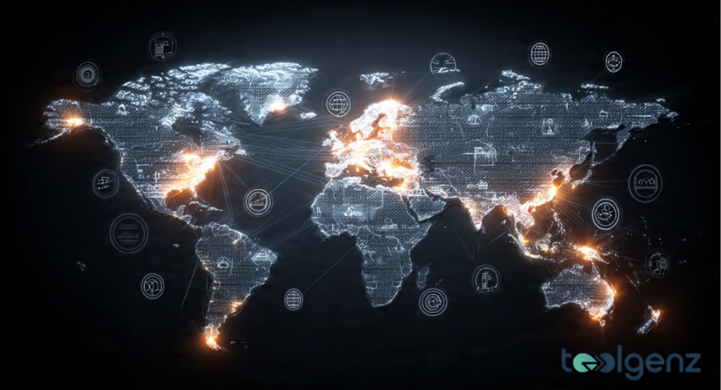 A glowing digital world map on a dark background featuring bright light clusters at major global office locations and interconnected network lines linking various continents.