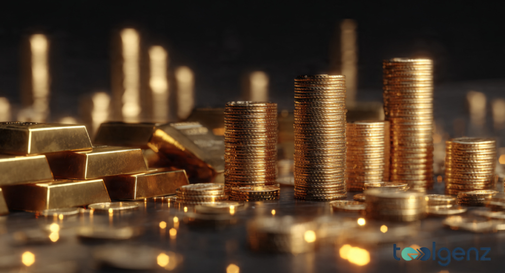 A high-purity yellow bullion bar resting on a stack of international banknotes, symbolizing a secure financial reserve.