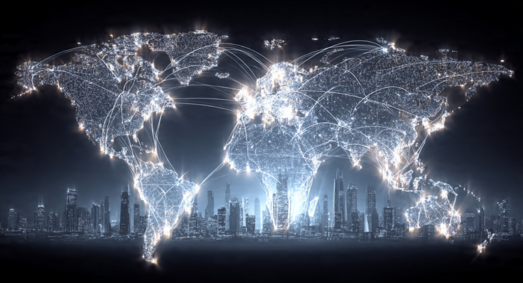 A glowing, digital world map made of light particles with interconnected lines arching over a futuristic illuminated city skyline.