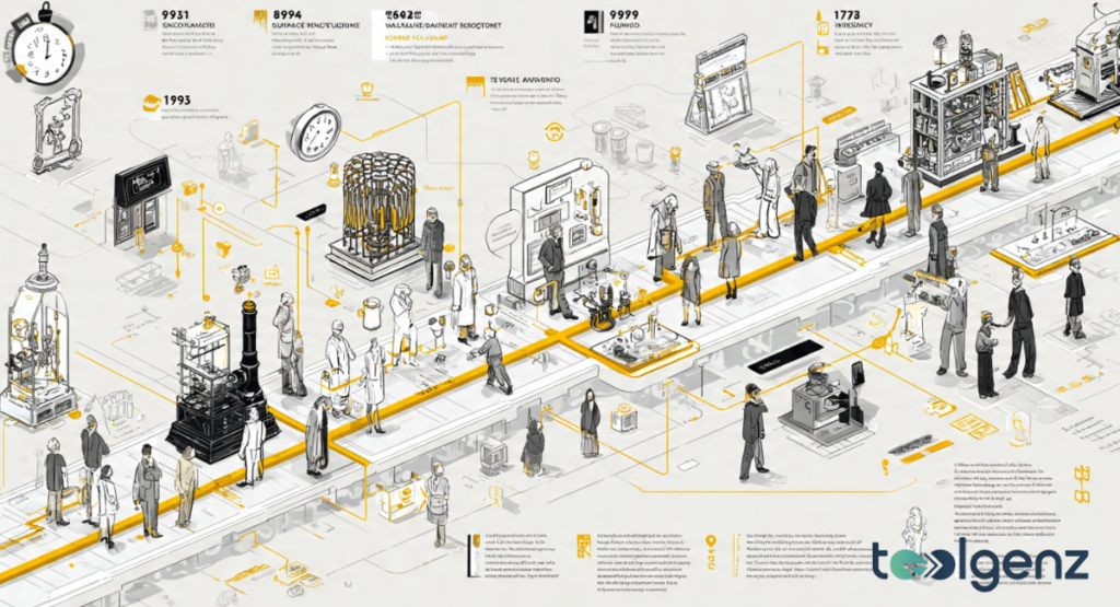 A detailed isometric illustration of a museum-like history exhibit featuring a long yellow timeline path, historical artifacts, and figures exploring key milestones.