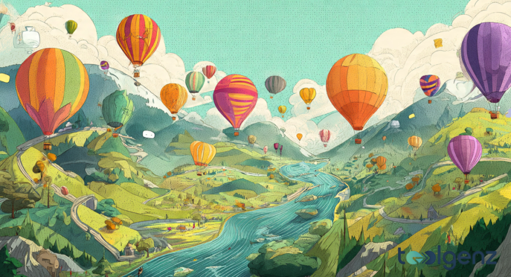 A magical sky filled with smiling clouds, stars, and a small pink airplane surrounding bold, colorful 3D block lettering.