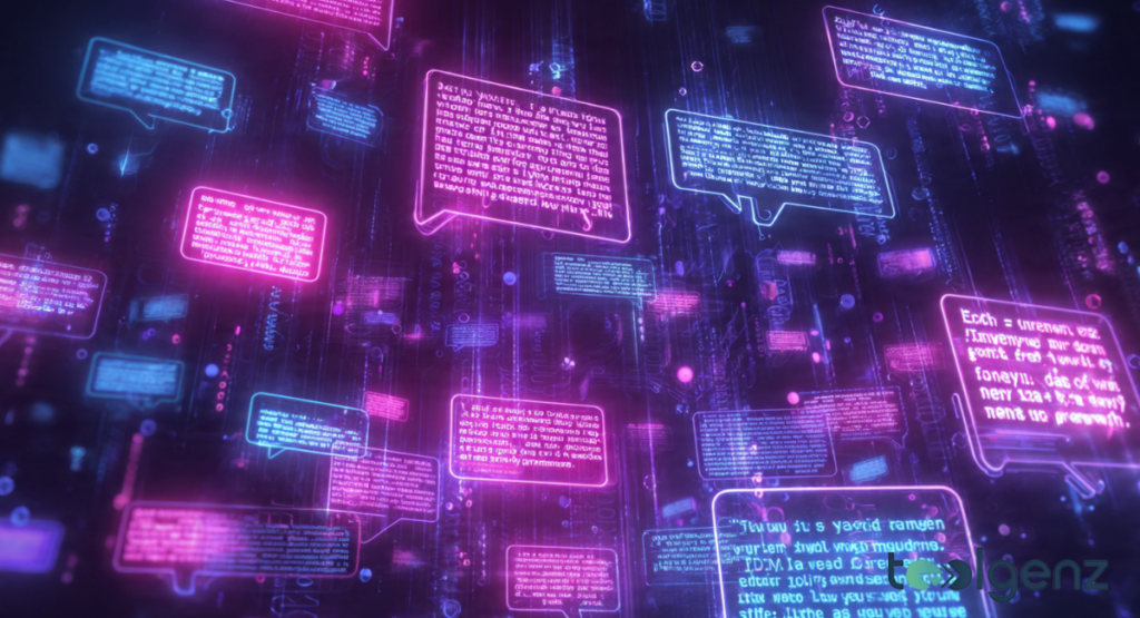 A vast digital network filled with glowing neon purple and pink speech bubbles containing code and text floating in a dark, tech-focused space.