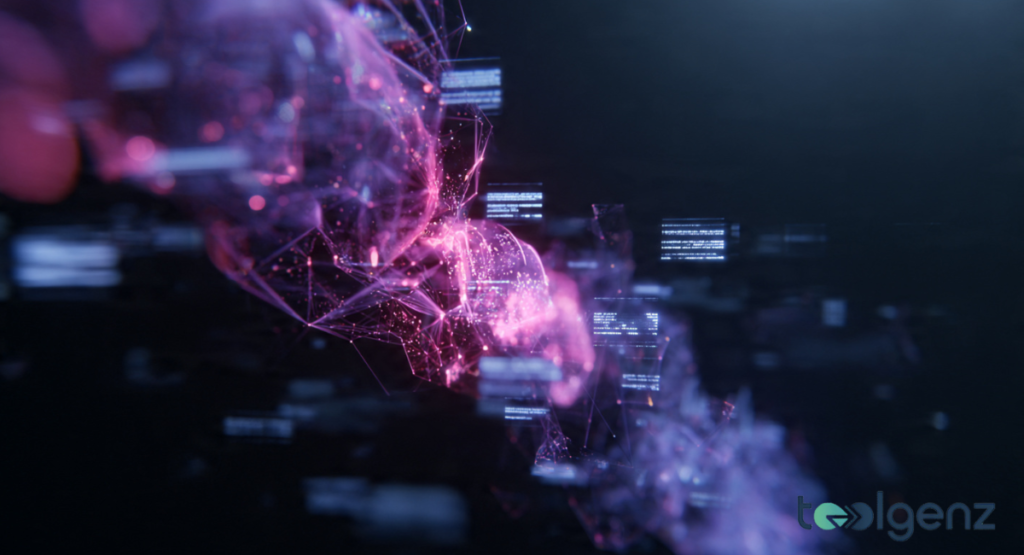 A conceptual 3D rendering of a glowing purple and pink neural network intertwined with floating data fragments on a dark background.