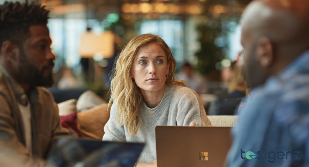 A group of focused professionals sitting in an office setting, reviewing documents and laptops with serious expressions.