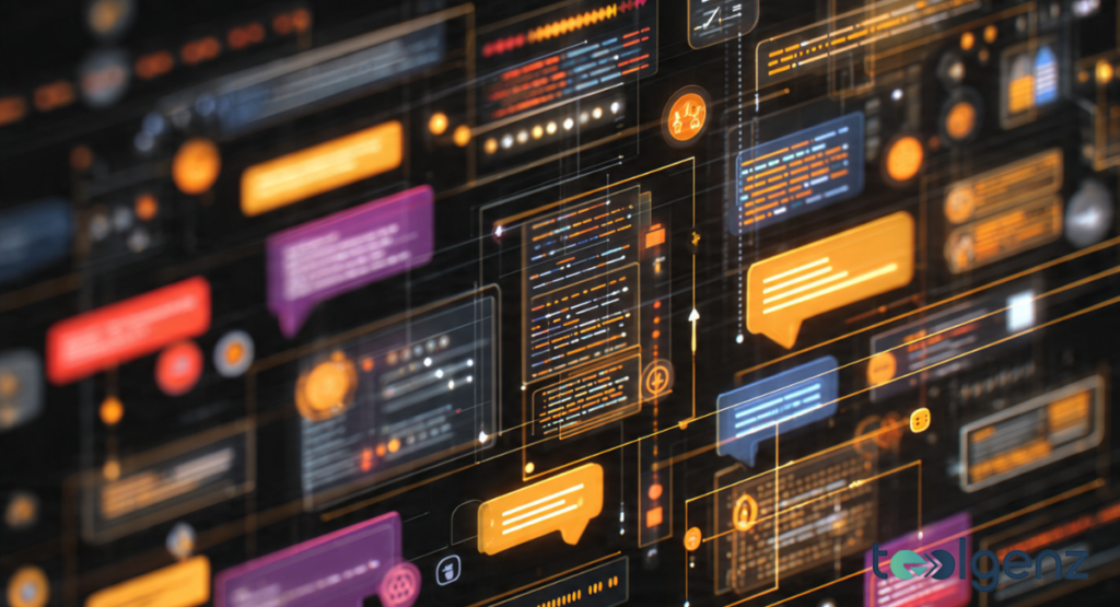 A cute robot character surrounded by speech bubbles and social media icons, demonstrating the interface of a Word Generator.
