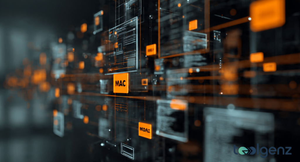 An illustration of a man sitting at a desk with a laptop and smartphone, surrounded by glowing icons of connected devices like Wi-Fi routers and computers linked by thin white lines.