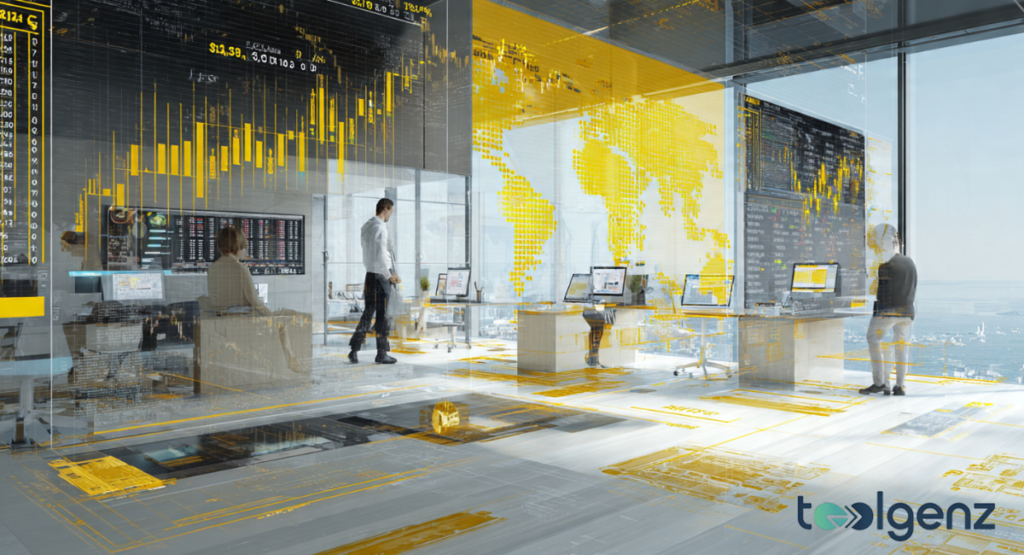 A modern glass office interior with overlayed digital world maps and financial charts tracking the market value of gold.