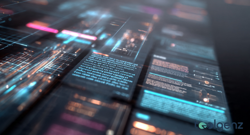 A futuristic, shallow-depth-of-field close-up of digital interface panels displaying glowing text and data grids in teal, orange, and pink light.