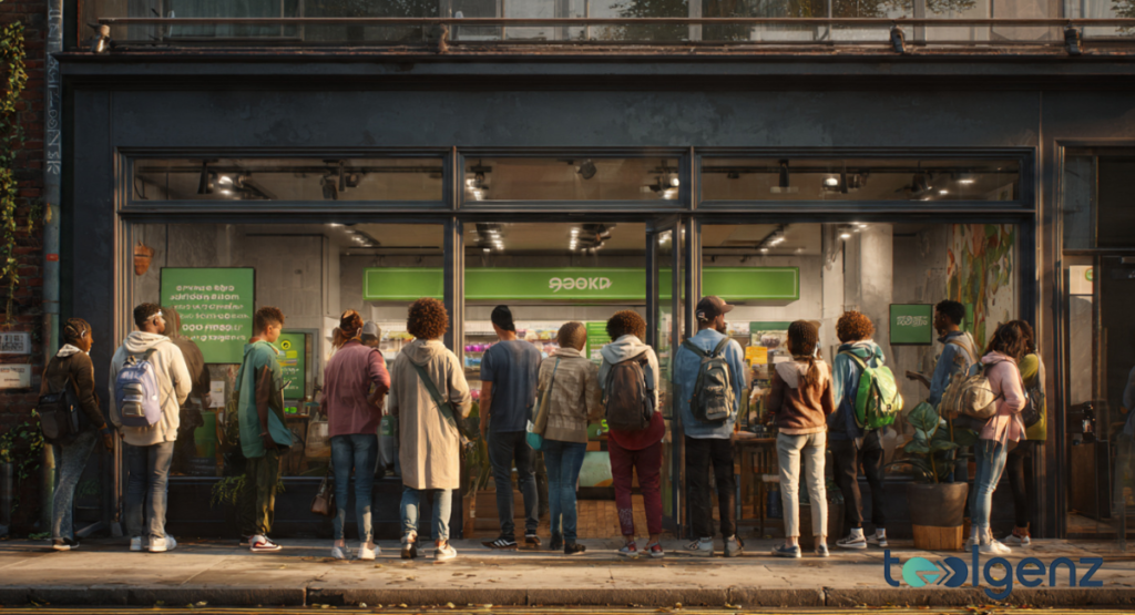 A group of people peering through the window of an Amazon Fresh location after the storefront has been shut down.