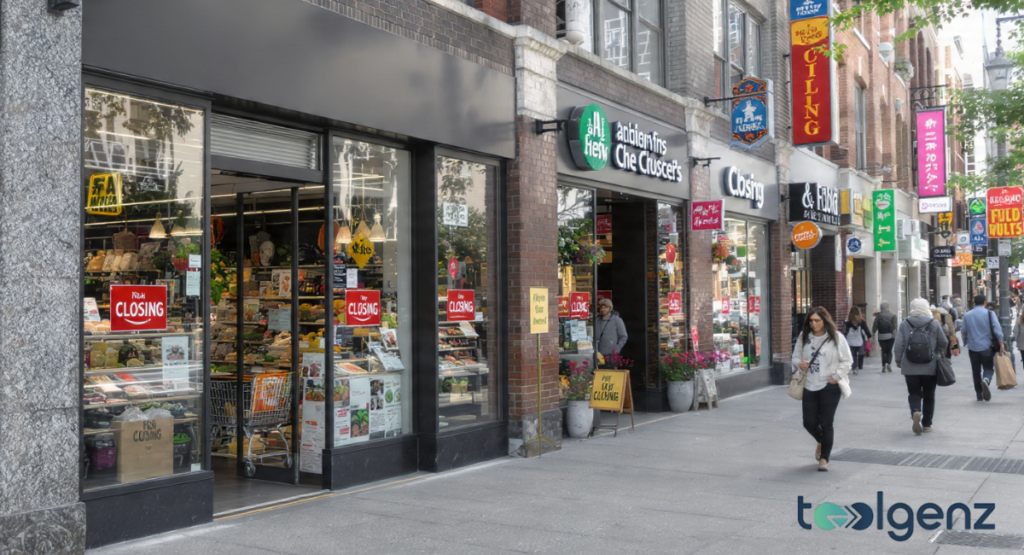 A street-level view of a brick storefront on a busy city sidewalk featuring red "Closing" signs in the windows and several pedestrians walking by.