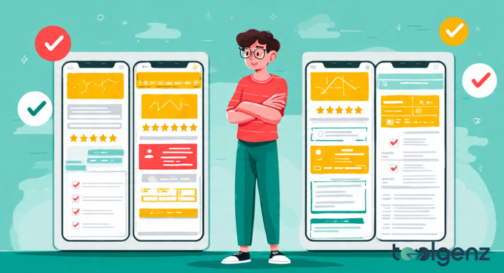 An illustrative guide showing a person comparing different mobile application interfaces featuring ratings, checklists, and user profiles.