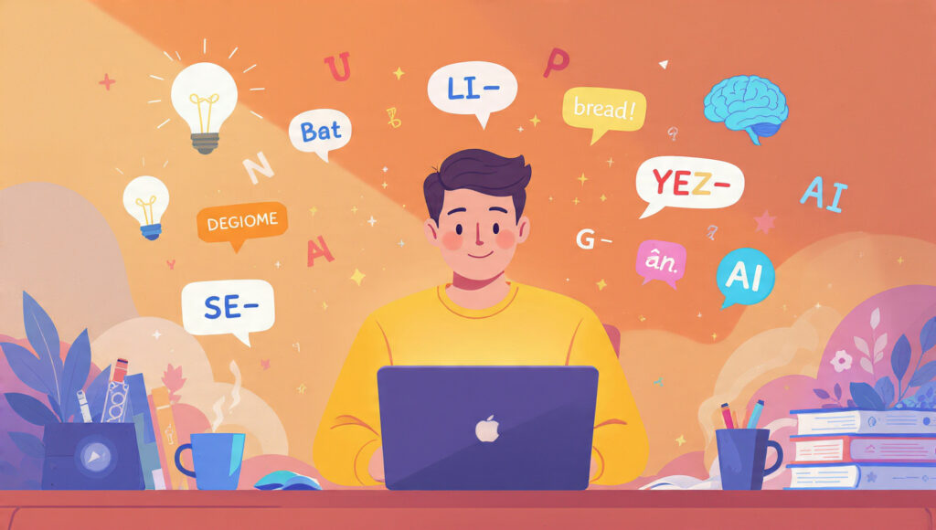 A friendly flat illustration of a person sitting at a desk with a laptop, surrounded by thought bubbles containing letters, ideas, and lightbulbs.