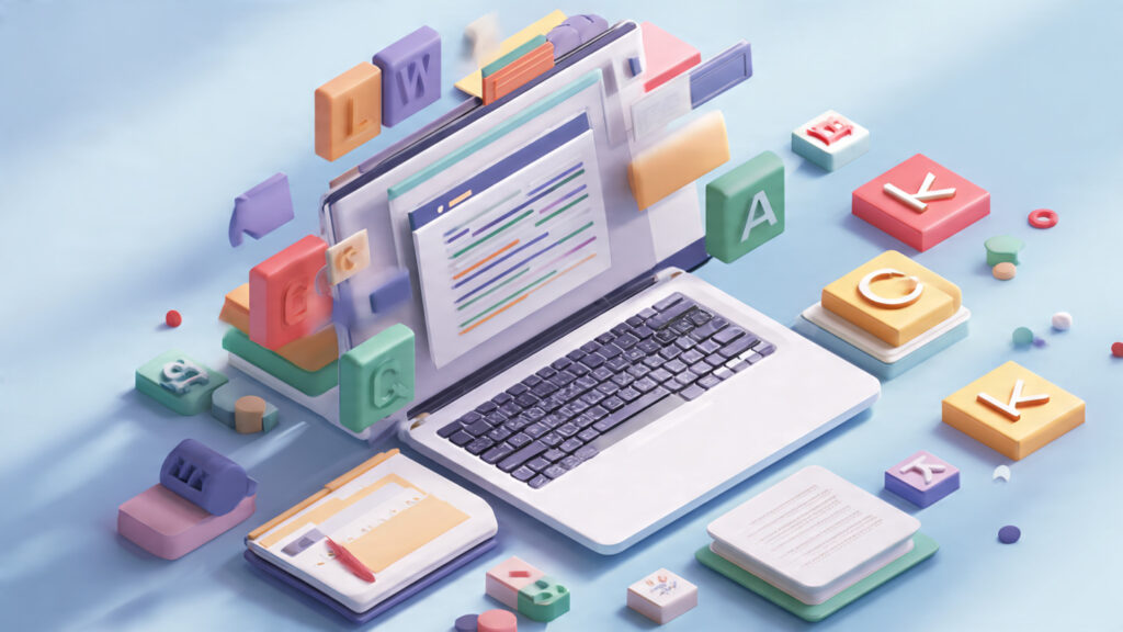 A 3D illustration of a user typing on a laptop to use a word generator tool with floating letter tiles.