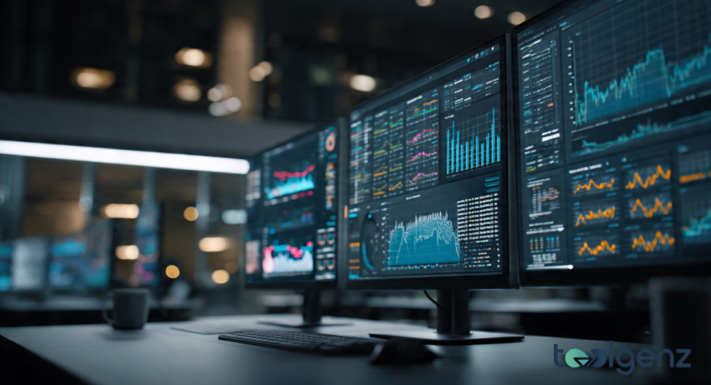 Three large computer monitors in a dark, modern office displaying intricate financial data, blue line graphs, and bar charts.