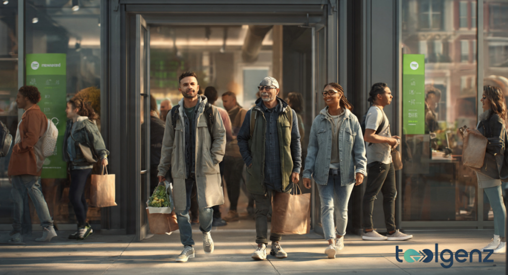 A diverse group of smiling shoppers carrying brown paper bags as they exit a modern grocery store with large glass doors.