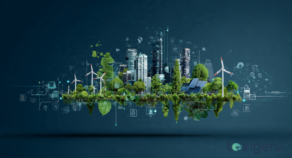 A lush green landscape floating in a dark digital space, integrating modern skyscrapers with vibrant trees, wind turbines, and solar panels.