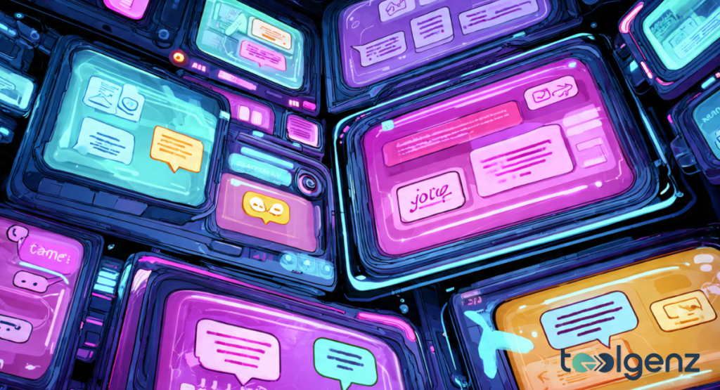 Two cheerful girls sitting cross-legged and laughing together, surrounded by colorful speech bubbles with affectionate messages.