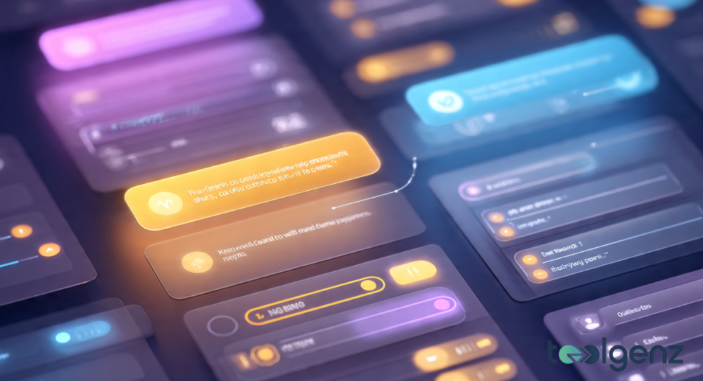 A dark, futuristic user interface featuring various glowing digital cards, toggle switches, and data fields in shades of purple, orange, and blue.